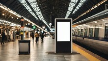 Evening Train Station Featuring Blank White Digital Sign Billboard Poster Mockup
