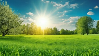 Wall Mural - Green field with grass against blue sky with sun, beautiful panoramic natural landscape, spring summer background