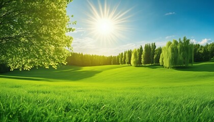 Wall Mural - Green field with grass against blue sky with sun, beautiful panoramic natural landscape, spring summer background