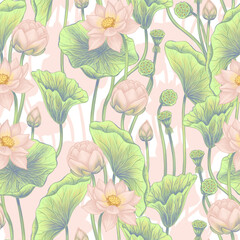 Wall Mural - Lotuses seamless pattern in soft pastel colors Pink lotus flowers and big green leaves Hand drawn with colored pencils for printing fabric or wallpaper