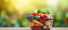 Shopping Basket Containing Fresh Foods With Blurry Background Isolated For Supermarket Grocery, Food And Eating