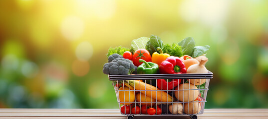 Shopping basket containing fresh foods with blurry background isolated for supermarket grocery, food and eating