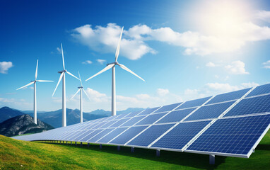 Solar panel with wind turbines against mountains and sky