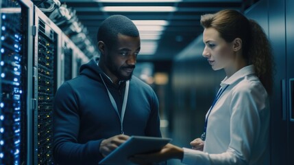 it technician works on laptop computer and woman colleague in data center while working next to serv