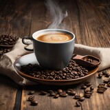 Fototapeta  - A steamy cup of coffee with beans