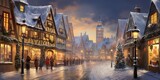 Fototapeta Fototapeta Londyn - Snowy winter village with lights on. Oil painting style