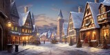 Fototapeta Londyn - Snowy winter village with lights on. Oil painting style