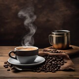 Fototapeta  - A steamy cup of coffee with beans