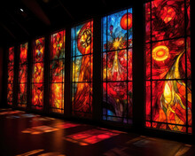 A Vibrant And Energetic Photograph Featuring A Collection Of Stained Glass Panels Arranged Against A Deep Red Backdrop. The Sunlight Streaming Through The Stained Glass Creates A Dazzling