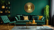 © Justlight - A modern living room with a deep emerald green accent wall. The setting sun casts long shadows on the plush velvet sofa, emphasizing the rich texture of the fabric. The