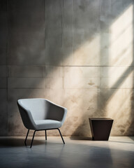 An industrial scene featuring a gritty, concrete stone wall with a strong light source casting bold and dramatic shadows. The rough texture and raw aesthetic create a contemporary and