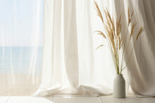 A Beachinspired Boho Background With A Flowing White Linen Curtain Fluttering In Front Of An Open Window. The Sunlight Casts Intricate And Delicate Shadows On A Woven Seagrass Rug, Enhancing