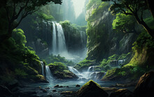 Waterfall In Deep Forest On Mountain
