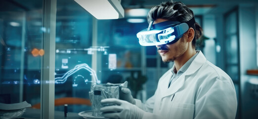 Aufkleber - Futuristic researcher using the augmented reality VR glasses with hologram graphics for viewing results of research in laboratory, Interacting with virtual reality.
