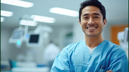 Portrait surgeon Asian man with arms crossed in hospital, Healthcare and wellness concept.