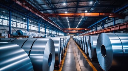 Poster - Rolls of galvanized steel sheet inside the industry factory.