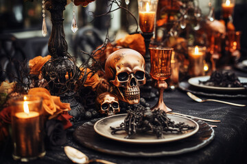 Halloween festive table setting with autumnal decor for party