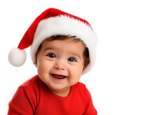Adorable Baby Latin American Boy Portrait With Santa's Hat Smiling At Camera. Isolated On White Background