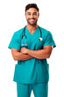 © Pajaros Volando - Latin American nurse man smiling at camera posing over isolated transparent background