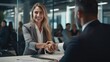 © Pro Hi-Res - Smiling female executive making successful deal with partner shaking hand at work standing at meeting table.