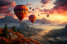 Colorful Hot Air Balloons Flying Over Mountain Or Landscape. 