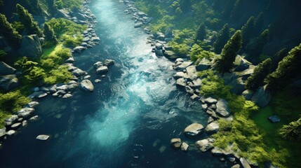 Wall Mural - Aerial view of a river flowing through a dense forest depicting the flow of water.
