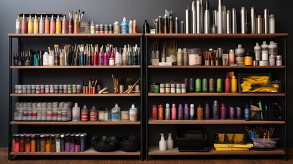 Wall shelves filled with art supplies like paints, brushes, and sketchbooks