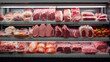 A frozen meat section in the supermarket displays well-ordered selections in a refrigerated cabinet