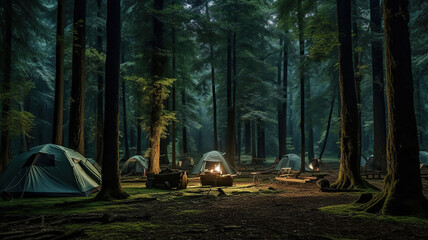 camping tents set up beneath tall forest trees, creating a serene scene