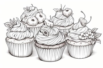 Wall Mural - Generative AI : Delicious cupcake with raspberries, chocolate, mint and powder.Tasty dessert.Coloring book antistress for children and adults. Outline style. Black and white drawing