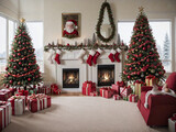 Fototapeta Tęcza - Christmas tree, gifts, fireplace and portrait of Santa Claus