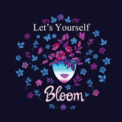 Beautifull wonen with colorful flowers background quote of Let's love ypurself illustration vector 