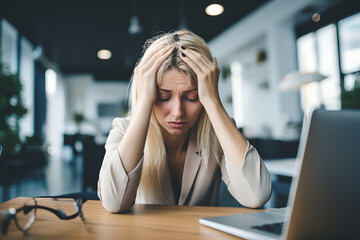 Burnout young woman working at office desk feeling sick at work, exhausted female worker with frustrated, stressed out woman with head in hand