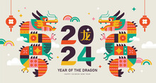 2024 Chinese New Year, Year Of The Dragon. Chinese Zodiac Dragon In Geometric Flat Modern Style. Chinese Translation: Dragon