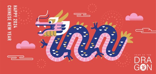 Poster - 2024 Chinese New Year, year of the Dragon. Chinese zodiac dragon in geometric flat modern style