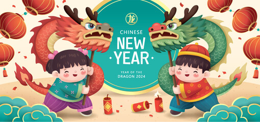 Wall Mural - 2024 Chinese New Year, year of the Dragon poster design with boy and girl performing dragon dance. Chinese translation: Dragon