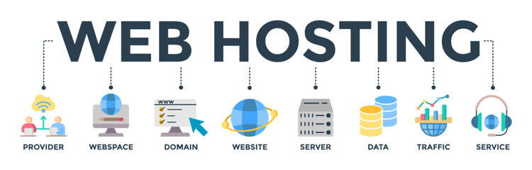 Web hosting banner web icon vector illustration concept with the icon of provider, webspace, domain, website, server, data, traffic, and service