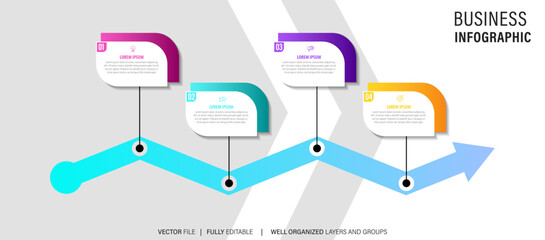 Abstract business line arrow infographic template with 4 options. Colorful diagram, timeline and schedule isolated on light background.