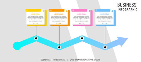 Abstract business line arrow infographic template with 4 options. Colorful diagram, timeline and schedule isolated on light background.