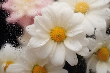 Wall Mural - Background of blooming flowers in front of glass with water drops Stock Photo.