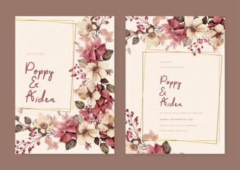 Fototapete - Brown and beige modern wedding invitation template with flora and flower