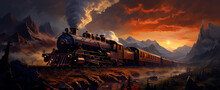 Steaming Train On Rail In Background, In The Style Of Fantasy Art Steampunk Game Concept. 
