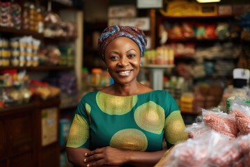 Smiling portrait of a happy middle aged female nigerian small business owner in her store or shop