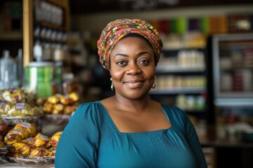 Smiling portrait of a happy middle aged female nigerian small business owner in her store or shop