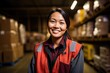 © Baba Images - Smiling portrait of a happy female middle aged asian warehouse worker or manager working in a warehouse