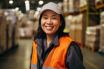 Smiling portrait of a happy female middle aged asian warehouse worker or manager working in a warehouse