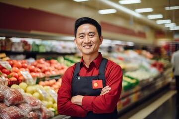 Young male asian supermarket manager or worker working in a supermarket or grocery store