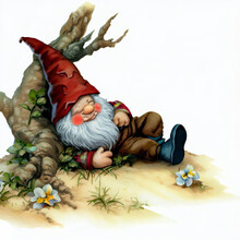 Retro Style Watercolor Illustration Of A Gnome Sleeping Outside For Children's Book, Greeting Cards	