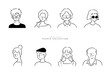 People avatar set. Portrait character collection. Different age, race. Diverse business men, women. Crayon outline drawing style. Flat design Isolated emoticon. Hand drawn trendy Vector illustration.