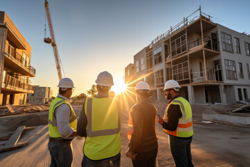 Wall Mural - Group of engineers at a construction site. Collaborating for safety, precision, and excellence in building and urban development projects